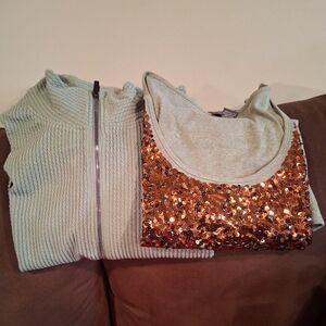 Sequin Embellished Tank Top and Ribbed Zip-Up Jacket